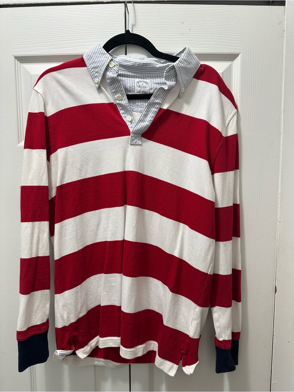 Brooks Brothers Red & White Striped Long-Sleeve Rugby Shirt with Contrast Collar
